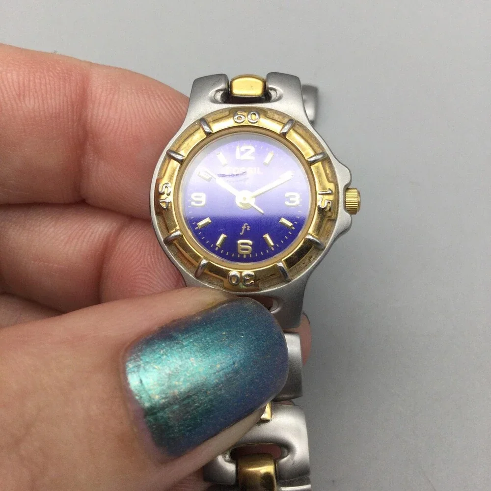 Fossil F2 ES-9194 Womens Watch 22mm Purple Dial Two Tone New Battery 6.25